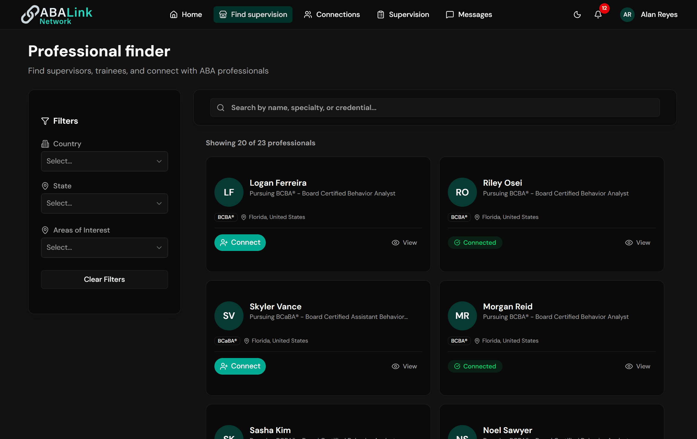 ABALink Professional Finder — search verified BCBA and BCaBA professionals by location and specialty